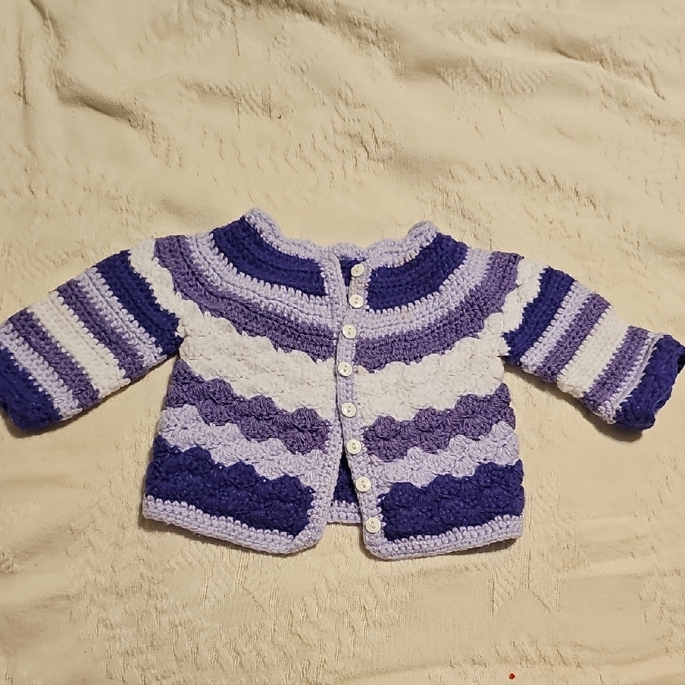 VINTAGE HANDMADE Purple  White Striped Kids Button Sweater Crochet Toddler Girl